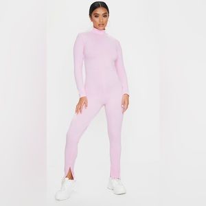 Petite Baby Pink Sports Stripe Split Hem High Neck Jumpsuit